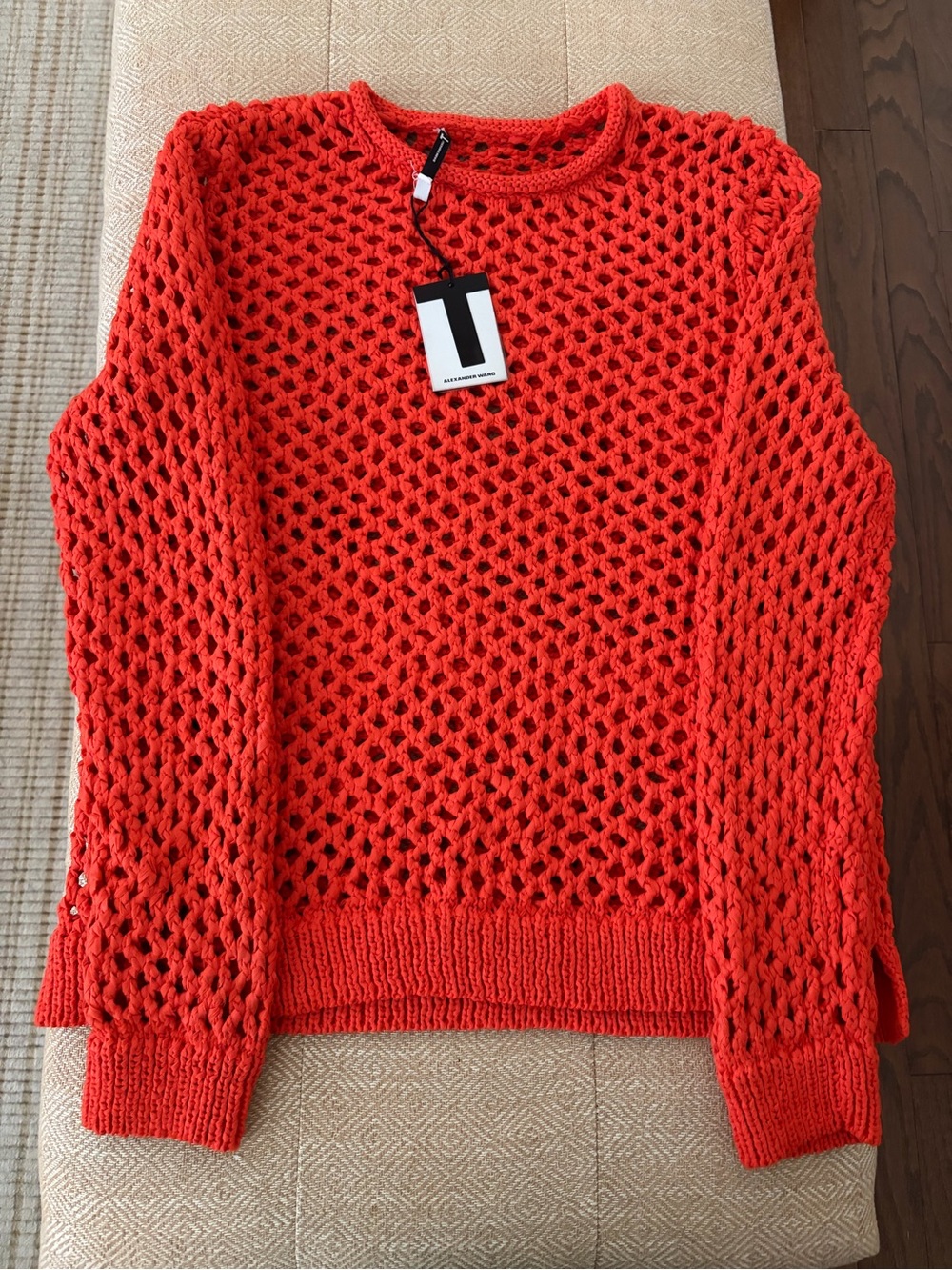 New NWT T By Alexander Wang Open Knit Crew Neck Sweater Orange Red Size L Large